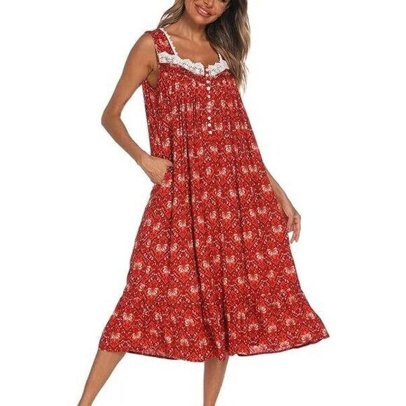 Aviier Dresses & Skirts - Aviier Floral housedress burgundy Sleeveless Sz S Chemise lace trim Nightgown EC